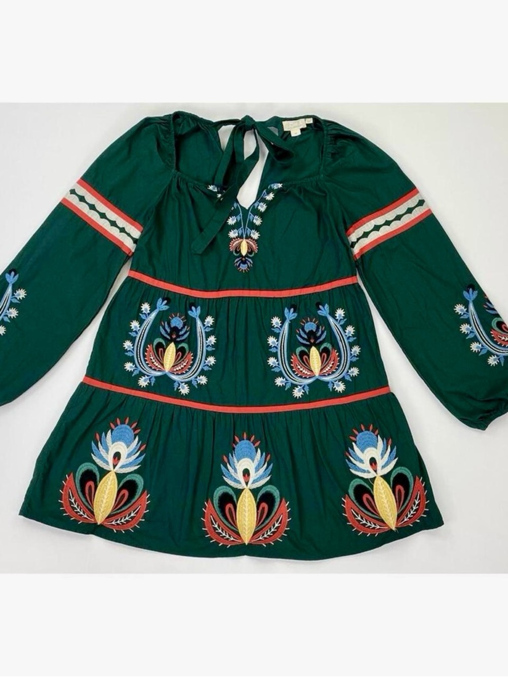 Anthropology Let Me Be Embroidered Multicolor Green Boho Dress S-M